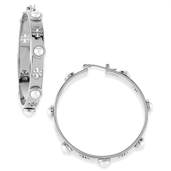 Tory Burch Jewelry - ✨NEW TORY BURCH✨PIERCED T LOGO PEARL HOOP EARRINGS
